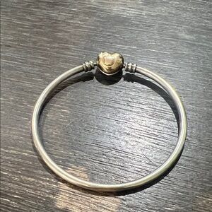 PANDORA 925 Sterling Silver and Gold Heart Bangle Bracelet